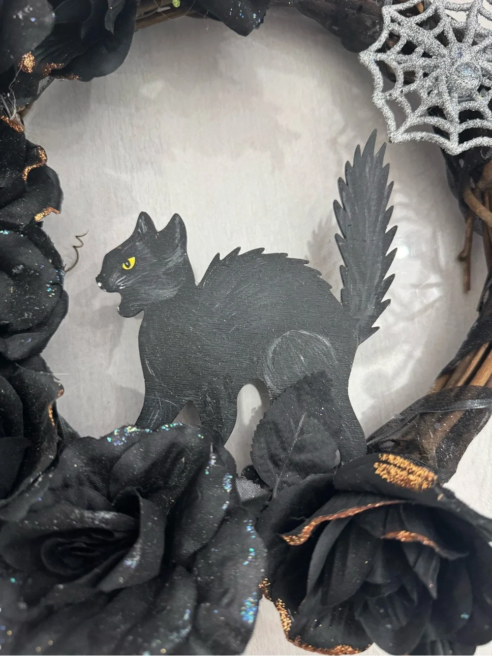 Handmade Black Cat and Spiderweb Halloween Wreath